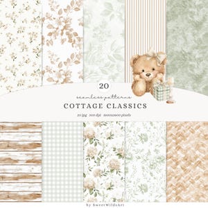May include: A collection of 20 seamless patterns in a cottagecore style. The patterns include floral, gingham, and wood grain designs in soft neutral colors. A teddy bear with a bow and a gift box are also featured. The text reads "COTTAGE CLASSICS".