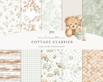 Watercolor Cottage Classics Seamless Patterns, French Countryside Elegant  Gingham Floral Digital Paper, Rustic Scrapbook Paper, Digital
