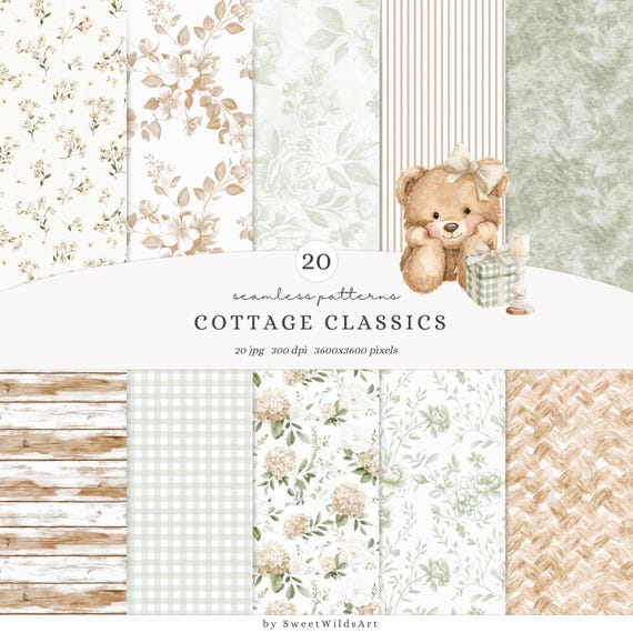 Watercolor Cottage Classics Seamless Patterns, French Countryside Elegant  Gingham Floral Digital Paper, Rustic Scrapbook Paper, Digital