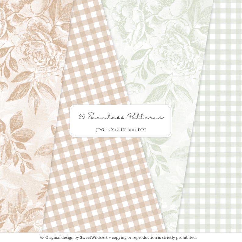 May include: A digital art composition featuring four seamless patterns. The patterns include floral designs in beige and sage green, and gingham checks in beige and light green. The text reads "20 Seamless Patterns, JPG 12x12 IN 300 DPI."