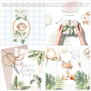 May include: A set of watercolor illustrations featuring tropical animals and plants. The illustrations include a monkey, a turtle, a fox, an octopus, and various tropical leaves and flowers. The illustrations are perfect for creating invitations, cards, and other paper goods.