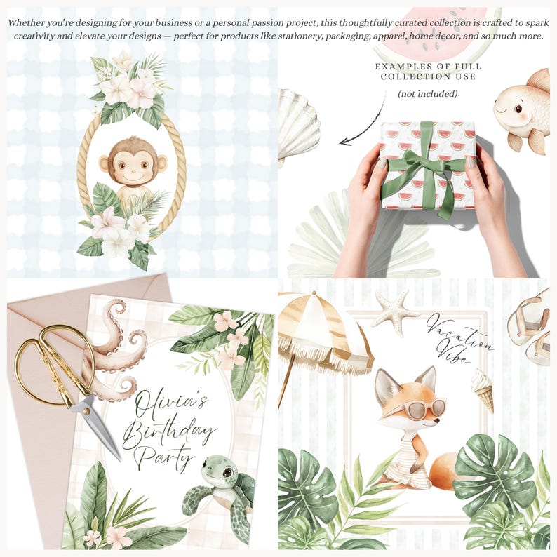 May include: A set of watercolor illustrations featuring tropical animals and plants. The illustrations include a monkey, a turtle, a fox, an octopus, and various tropical leaves and flowers. The illustrations are perfect for creating invitations, cards, and other paper goods.