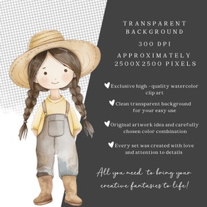 May include: A watercolor illustration of a girl wearing a straw hat, overalls, and a yellow shirt. The girl has brown hair in braids and is standing with her hands on her hips. The background is a transparent checkered pattern.