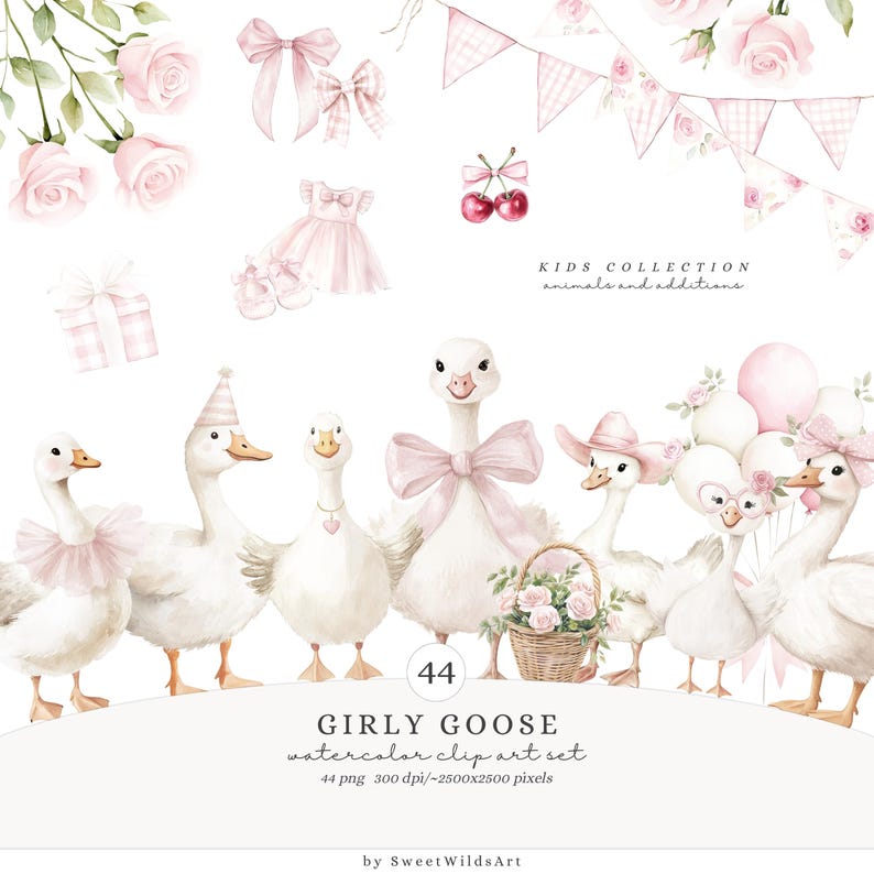 May include: Watercolor clip art set featuring a collection of girly geese, bows, roses, and other decorative elements in shades of pink and white. The set includes a dress, shoes, and a banner. The text reads "GIRLY GOOSE watercolor clip art set".