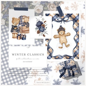 May include: A collage featuring watercolor illustrations with a winter theme. It includes teddy bears, floral arrangements, and a gift box. The text "WINTER CLASSICS" is displayed, along with the phrase "full collection in use". The overall color palette is blue and brown.