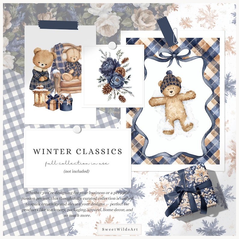 May include: A collage featuring watercolor illustrations with a winter theme. It includes teddy bears, floral arrangements, and a gift box. The text "WINTER CLASSICS" is displayed, along with the phrase "full collection in use". The overall color palette is blue and brown.