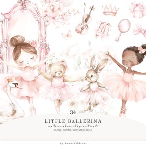 Clipart di piccola ballerina ad acquerello, ballerina, clipart del lago dei cigni, clipart di ballerina rosa PNG, clipart di balletto fiori rosa polverosi, download digitale