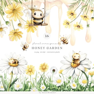 May include: A digital illustration set of 16 watercolor-style images featuring cute cartoon bees and daisies. The bees are depicted in various poses, including flying, sleeping, and holding honey pots. The daisies are white with yellow centers and green stems. The background is a white canvas with dripping honey.
