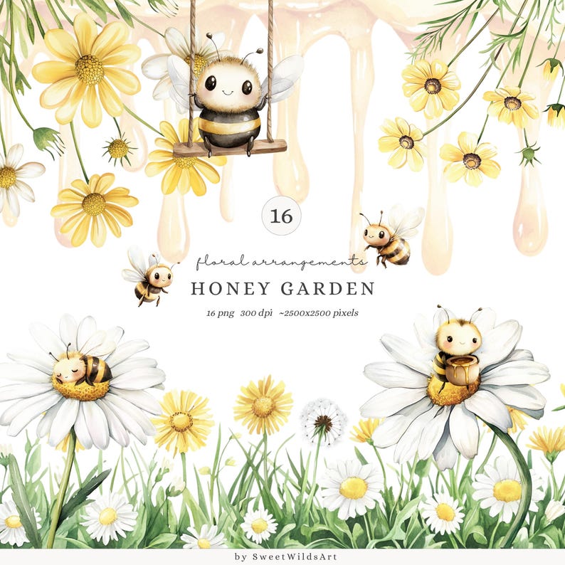 May include: A digital illustration set of 16 watercolor-style images featuring cute cartoon bees and daisies. The bees are depicted in various poses, including flying, sleeping, and holding honey pots. The daisies are white with yellow centers and green stems. The background is a white canvas with dripping honey.