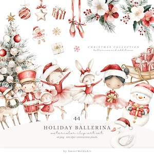 Clipart de bailarina navideña en acuarela, lindo ballet navideño PNG, clip art de flores navideñas, bailarina de invierno PNG, baby shower navideño