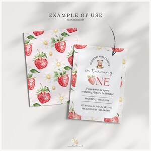 May include: A printable invitation for a first birthday party with a strawberry and bear theme. The invitation features a watercolour illustration of strawberries and daisies on a pink background. The text reads "Our Berry Sweet Harper is turning One".