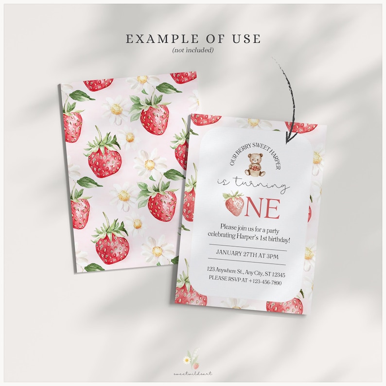 May include: A printable invitation for a first birthday party with a strawberry and bear theme. The invitation features a watercolour illustration of strawberries and daisies on a pink background. The text reads "Our Berry Sweet Harper is turning One".
