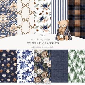 May include: A collection of 20 seamless winter-themed patterns. The designs include floral, plaid, and snowflake patterns in shades of blue, brown, and white. A teddy bear with a lantern is also featured. The text reads "WINTER CLASSICS".