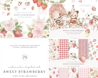 Watercolor Sweet Strawberry Clipart, Baby Animals Clip Art, Cute Animal PNG, Woodland Animals, Baby Shower Clipart, Berry First Birthday