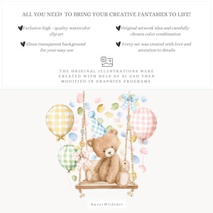 May include: Watercolor illustration featuring a teddy bear on a wooden swing, surrounded by pastel balloons and confetti. The image includes text: "ALL YOU NEED TO BRING YOUR CREATIVE FANTASIES TO LIFE!" and "Sweet WildsArt".