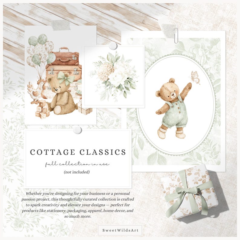 May include: A collection of watercolor illustrations featuring a teddy bear, flowers, and vintage suitcases. The images are arranged on a light background with the text "COTTAGE CLASSICS". The overall theme is soft and whimsical, suitable for stationery and home decor.