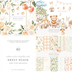 Aquarelle douce pêche Clipart, clipart animaux mignons, anniversaire pêche, pique-nique d'été, bébés animaux, chambre de bébé pastel, téléchargement numérique