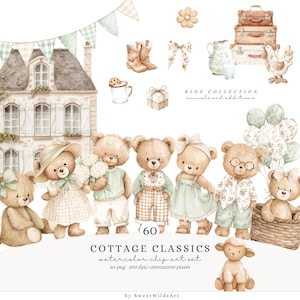 May include: Watercolor clip art set featuring teddy bears, a house, luggage, and other decorative elements. The bears are dressed in various outfits and accessories. The set includes the text "COTTAGE CLASSICS" and "KIDS COLLECTION".