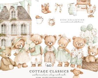 Aquarel teddyberen clipart, cottage klassiekers kinderkamer clipart, vintage speelgoed png, babyshower decor, Grandmillennial digitale download