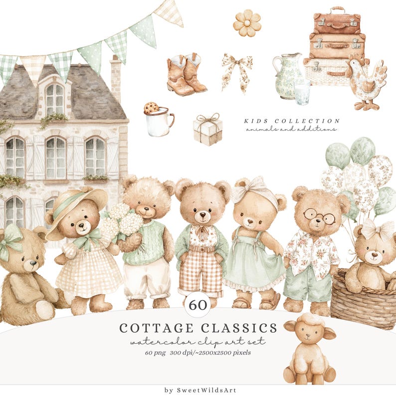 May include: Watercolor clip art set featuring teddy bears, a house, luggage, and other decorative elements. The bears are dressed in various outfits and accessories. The set includes the text "COTTAGE CLASSICS" and "KIDS COLLECTION".