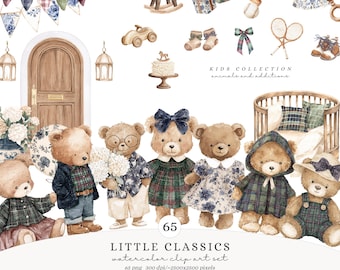 Watercolor Teddy Bears Clipart, Little Classics Kids Nursery Clipart, Vintage Toys PNG, Baby Shower Decor, Grandmillennial Digital Download