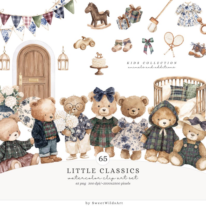 May include: Watercolor clip art set featuring teddy bears in various outfits, along with baby-themed accessories like a rocking horse, cake, and crib. The image includes the text "LITTLE CLASSICS watercolor clip art set".