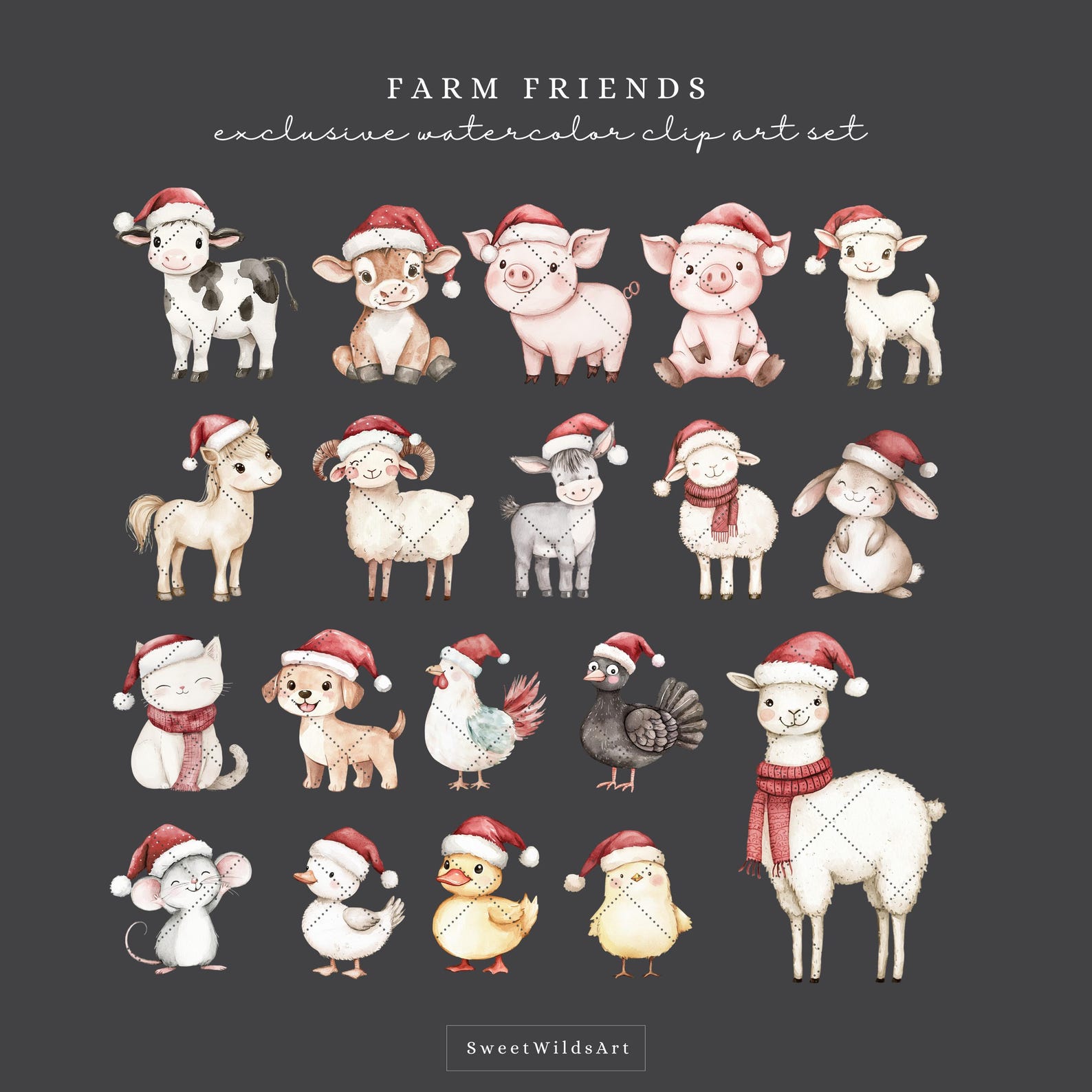 Watercolor Christmas Farm Animals Clipart PNG (digital Download) - Etsy