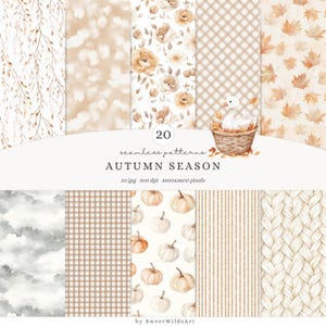 Peut inclure: Une collection de 20 motifs sans couture sur le thème de l'automne. Les motifs comprennent des motifs floraux, à carreaux et de feuilles dans des tons beige, marron et blanc. Un panier avec un canard est également présenté. Le texte indique "AUTUMN SEASON".