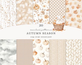 Watercolor Autumn Seamless Patterns, Fall Digital Paper, JPG (Digital Download)