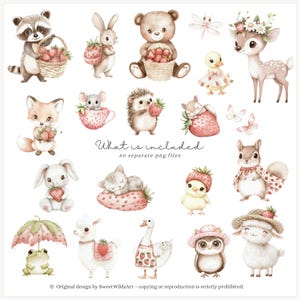 May include: A set of 50 watercolour illustrations featuring cute animals, including a raccoon, bunny, bear, deer, fox, hedgehog, squirrel, owl, goose, and more. Each animal is depicted with a strawberry or strawberry-themed accessory. The illustrations are perfect for creating digital or printed designs.