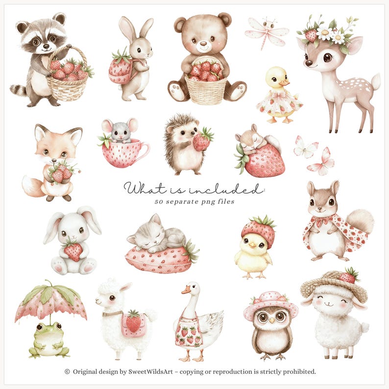 May include: A set of 50 watercolour illustrations featuring cute animals, including a raccoon, bunny, bear, deer, fox, hedgehog, squirrel, owl, goose, and more. Each animal is depicted with a strawberry or strawberry-themed accessory. The illustrations are perfect for creating digital or printed designs.