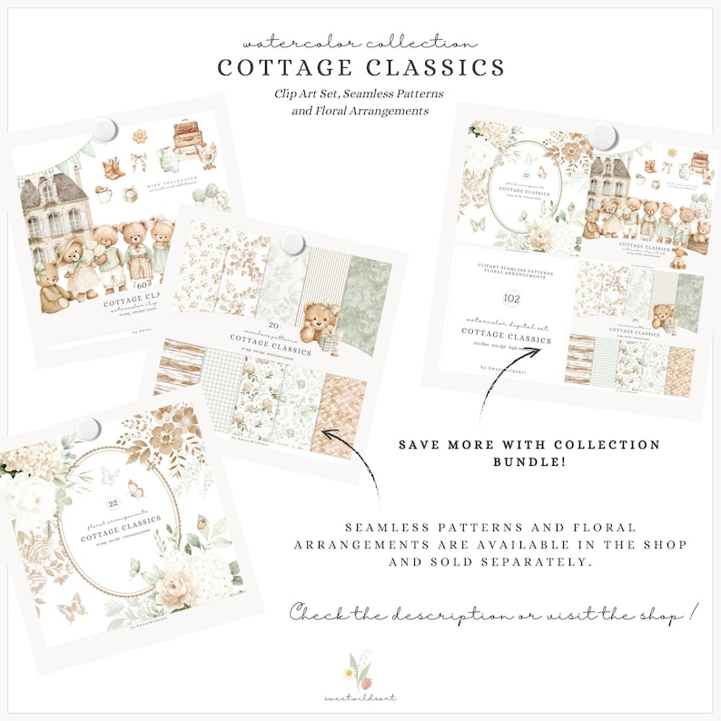 May include: A collection of watercolor clip art sets, seamless patterns, and floral arrangements. The "Cottage Classics" collection features illustrations of teddy bears, houses, and floral designs in soft, neutral tones. The image includes text that says "Save more with collection bundle!"