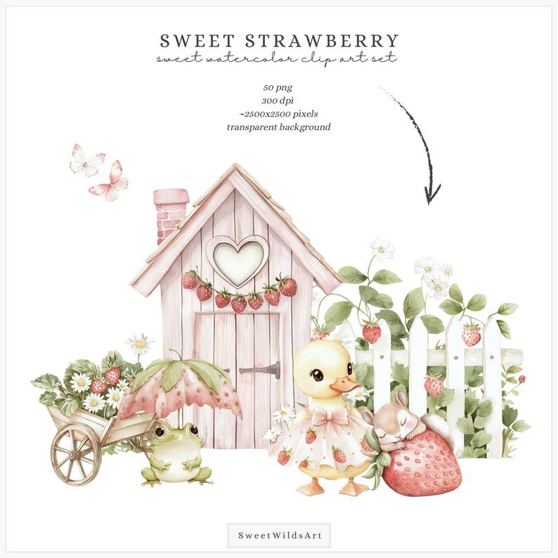 May include: Watercolour illustration of a pink house with a heart-shaped window, a frog sitting in a wheelbarrow, a duck wearing a strawberry dress, and a rabbit sleeping on a giant strawberry. The scene is set in a strawberry patch with a white picket fence and green foliage.