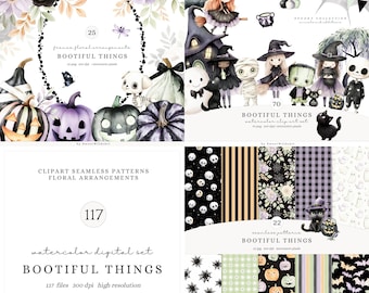 Watercolor Halloween Clipart Set, Witch, Ghosts, Pumpkins, PNG, JPG (Digital Download)