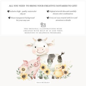 May include: Watercolor illustration featuring a cow, pig, and chick surrounded by sunflowers and greenery. The image includes the text "ALL YOU NEED TO BRING YOUR CREATIVE FANTASIES TO LIFE!" and "Sweet WildsArt".