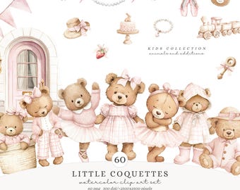 Conjunto de clipart de urso de pelúcia em aquarela, clipart de garotinha fofa de coquetes, berçário rosa PNG, clipart de urso de balé, Grandmillennial Digital