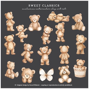May include: Watercolor clip art set featuring various poses of teddy bears in shades of brown, with a white butterfly and a basket. The text "SWEET CLASSICS" and "exclusive watercolor clip art set" is at the top.