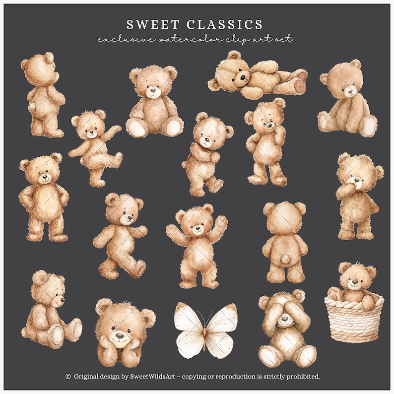 May include: Watercolor clip art set featuring various poses of teddy bears in shades of brown, with a white butterfly and a basket. The text "SWEET CLASSICS" and "exclusive watercolor clip art set" is at the top.