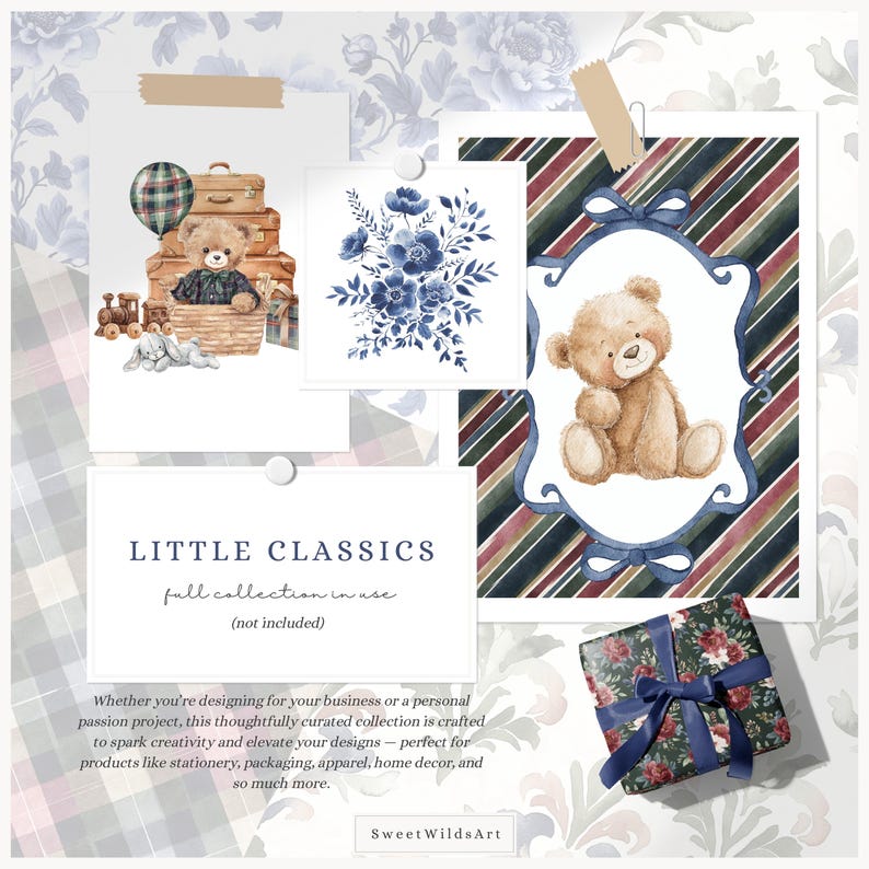 May include: A collection of watercolor illustrations featuring a teddy bear, floral arrangements, and a wrapped gift with a blue ribbon. The text "LITTLE CLASSICS" is displayed, along with the phrase "full collection in use (not included)." The image has a vintage aesthetic.