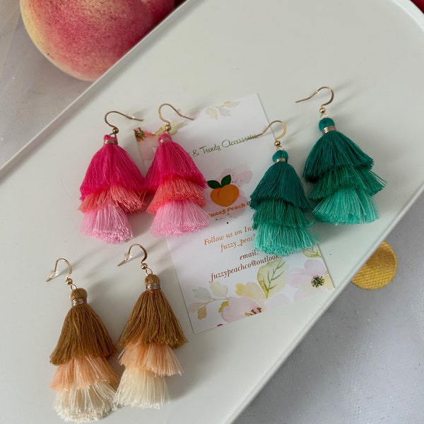 3 layer tassel drop earrings for ladies, vibrant tassel earrings for women, pink fringe earrings, gift under 20, gift for Mom,Bohemian style