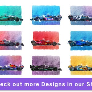 Könnte beinhalten: Neun Aquarell-Illustrationen von Formel-1-Rennwagen. Jedes Auto hat eine andere Farbe und ein anderes Sponsorenlogo. Die Autos befinden sich auf einem weißen Hintergrund.