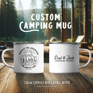 Personalised Embrace the Adventure Enamel Mug, Unique Outdoor Travel Enamel Cup, Perfect Dad Gift, Mom Present, Camping Gift