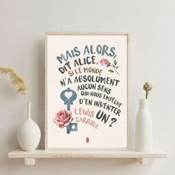 Poetic poster "Alice in Wonderland, Lewis Carroll" Black, Brown, Blue and Pink inks.