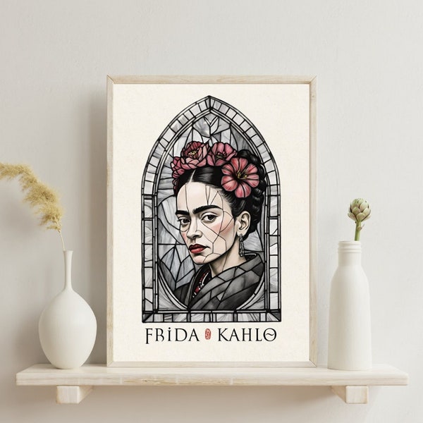 Affiche Frida Kahlo, portrait vitrail illustré, Encres Noire et couleurs.