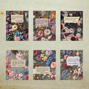 Cartes d'amour - Lot de 6 cartes avec citations littéraires et illustrations florales.
