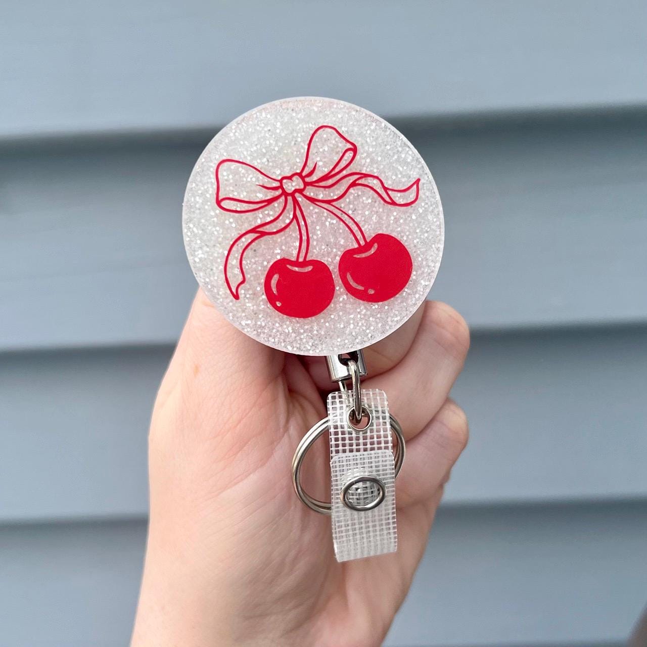 Red Coquette Retro Cherries Badge Reel, Cute Glitter BadgeReel for Nurses, Gifted Badge Reel, Trendy Cherry Badge Nursing Gift ID Holder