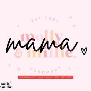 以下が含まれることがあります： ピンクと黄色のグラフィックデザインで、「EST 2021」と「mama & millie LLC」のテキストとハートのシンボルが書かれています。「HANDMADE」というテキストはロゴの下にあります。