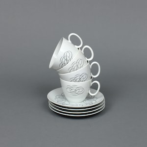 Raymond Loewy (1883-1986) set of 4 tea cups and saucers, Rosenthal Continental China, Script decor