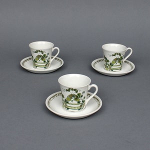 Turi Gramstad-Oliver (1938-) Figgjo Flint, set of 3 cups and saucers with Market decor, made in Norway, 1960s