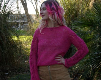 Handmade Pink Wool Sweater, Women’s Pullover, Soft Spring Knitwear, Textured Sleeve Jumper, Stylish Gift for Her